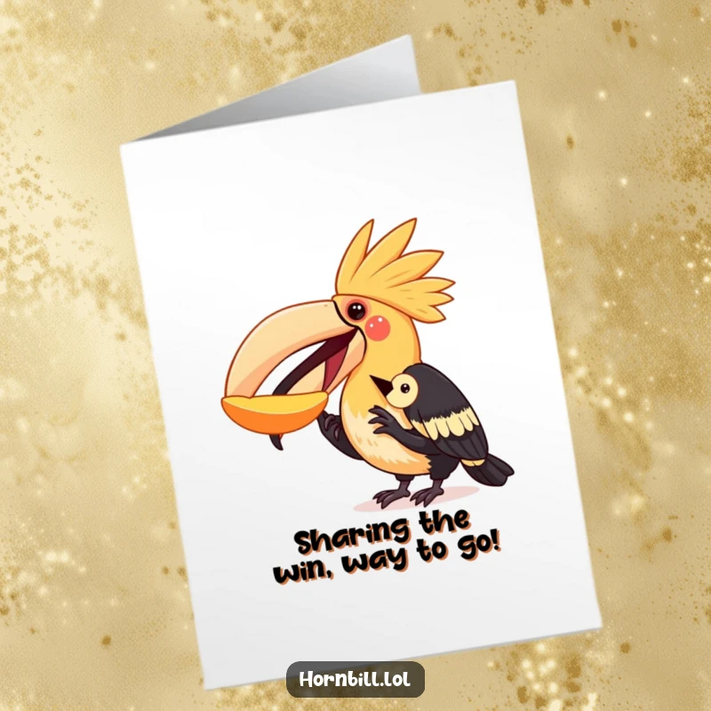 Funny Free Printable Congrats Card: A hornbill shares its fruit with a smaller bird, symbolizing generosity and celebration.