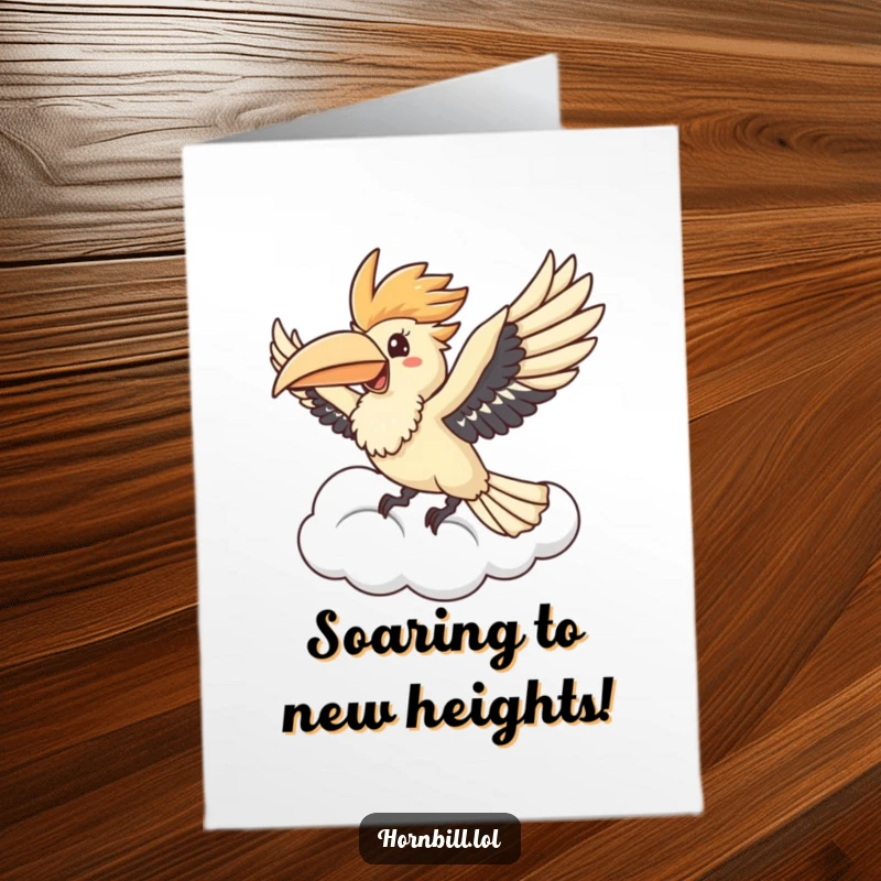 Funny Free Printable Congratulations Card depicting a cute kawaii hornbill joyfully flying through a cloud, symbolizing success and elevation.