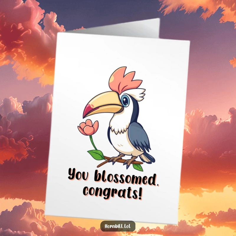 Free Printable Congratulations Card: A kawaii hornbill extends its large beak to offer a delicate flower, celebrating a new beginning.