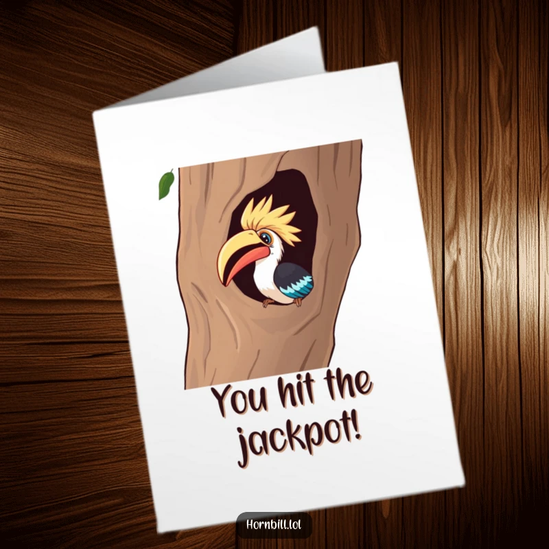 Funny Free Printable Congratulations Card: A hornbill curiously peering into a hollow tree with great fascination.
