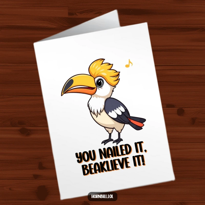 Funny Free Printable Hornbill Congratulations Card: A happy hornbill whistles upwards, celebrating success with a cheerful beak.
