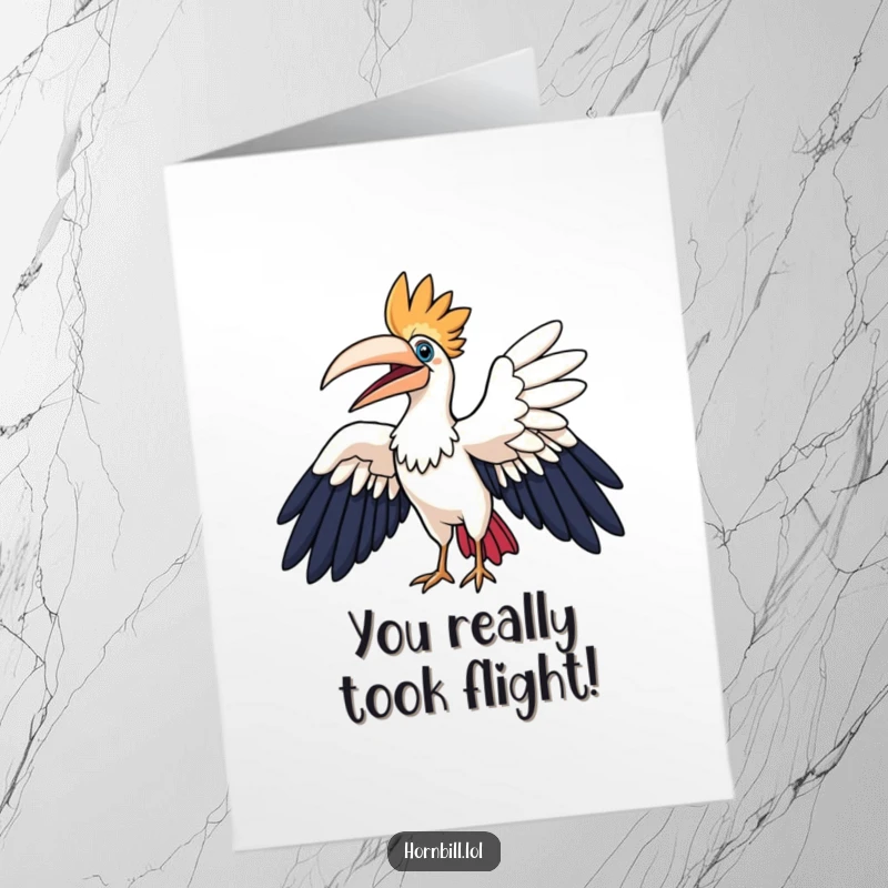 Funny free printable congratulations card with a hornbill character happily flapping large wings in a wide arc, embodying success and joy.