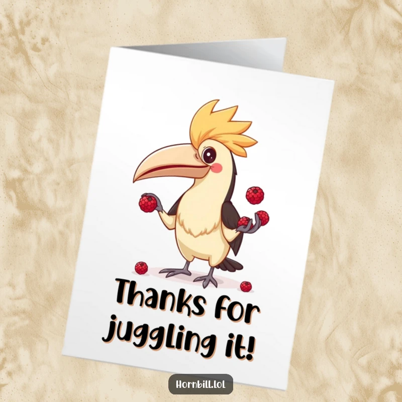 Funny Free Printable Hornbill Thank You Card, a hornbill hilariously juggling berries, showing sincere thanks.