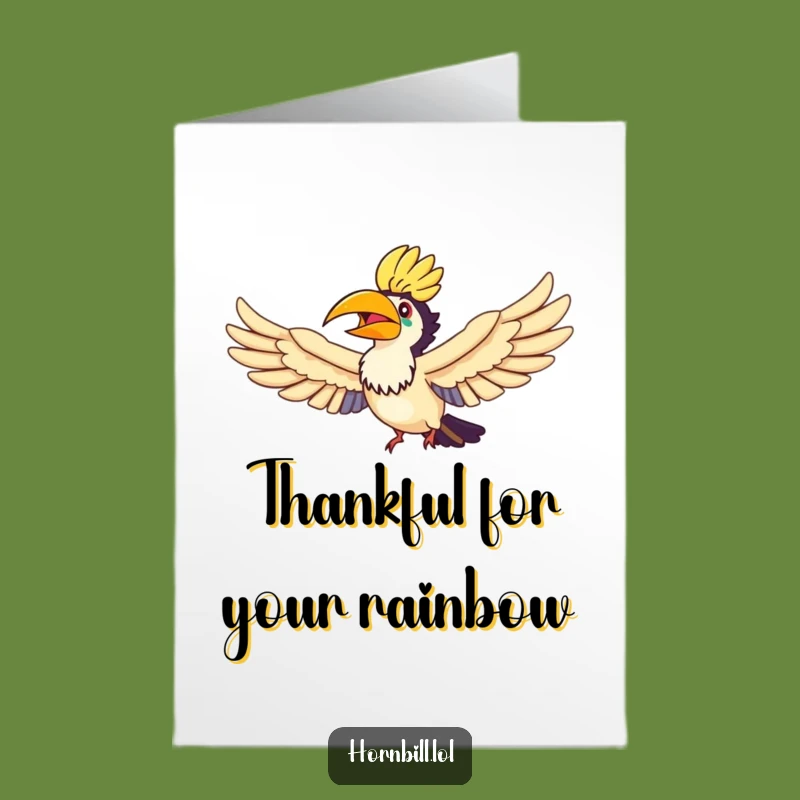 Free Printable Hornbill Rainbow Thanks Card: Grateful Flight Funny Downloadable Gift