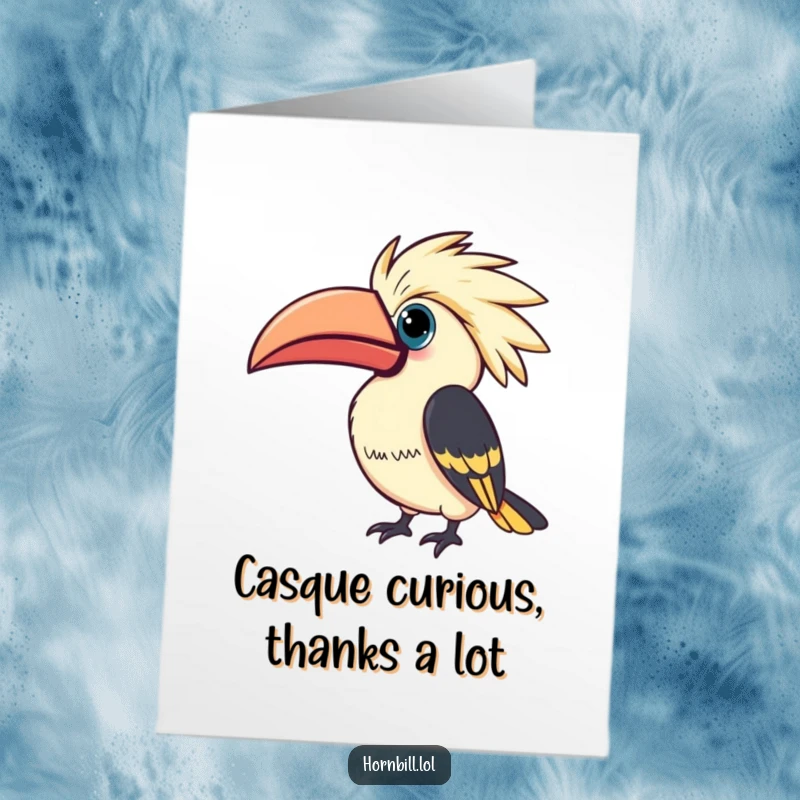 Funny Free Printable Hornbill Thank You Card: A kawaii hornbill tilts its casque curiously, showing appreciation.