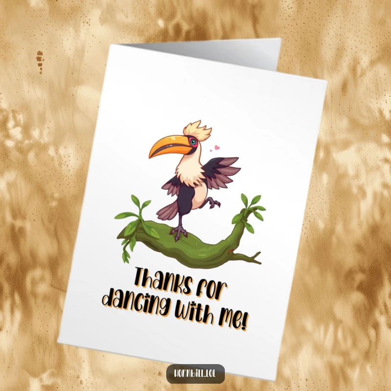 Free Printable Thank You Card: Hornbill doing a whimsical dance on a mossy branch, a delightful way to say thank you.