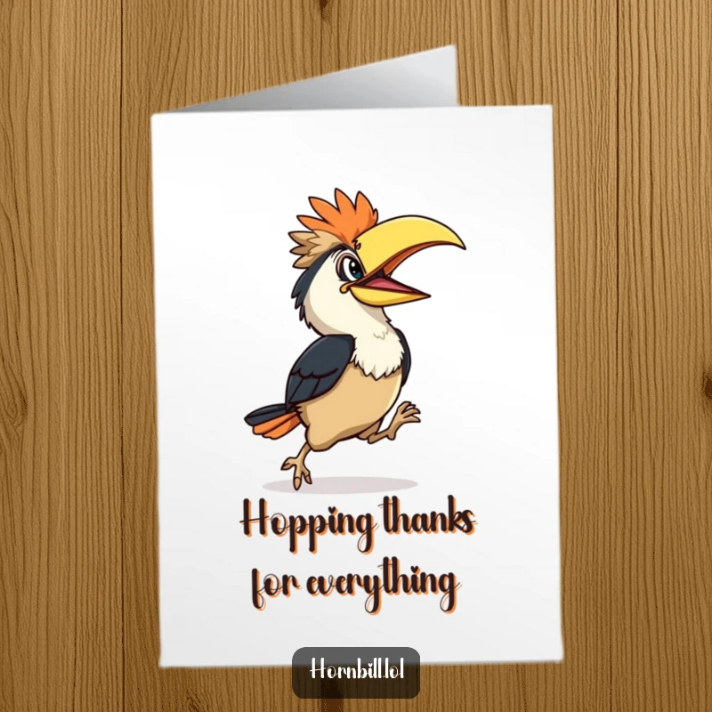 Funny Free Printable Hornbill Thank You Card: A hornbill character hops happily, conveying thanks with a joyful spirit.