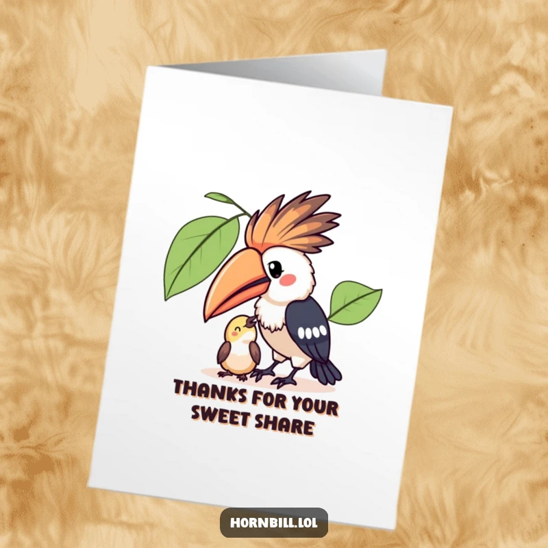 Free Printable Thank You Card: A charming kawaii hornbill proudly shares a fruit with a smaller bird, expressing gratitude.