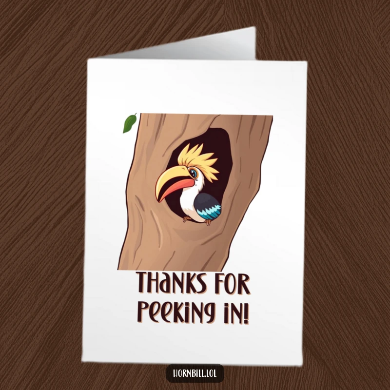 Funny Free Printable Thank You Card: A hornbill curiously peeks into a hollow tree with intense fascination.
