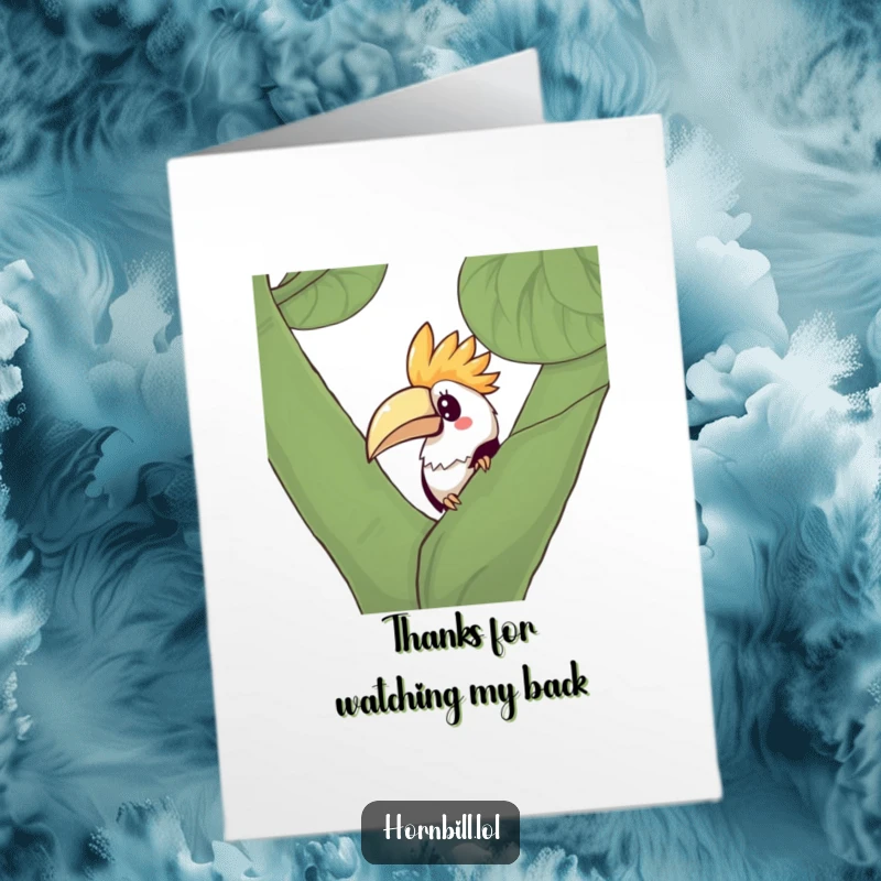 Funny Free Printable Thank You Card: Curious Kawaii hornbill peeking, offering a small, shy gift of thanks, adorably bashful.
