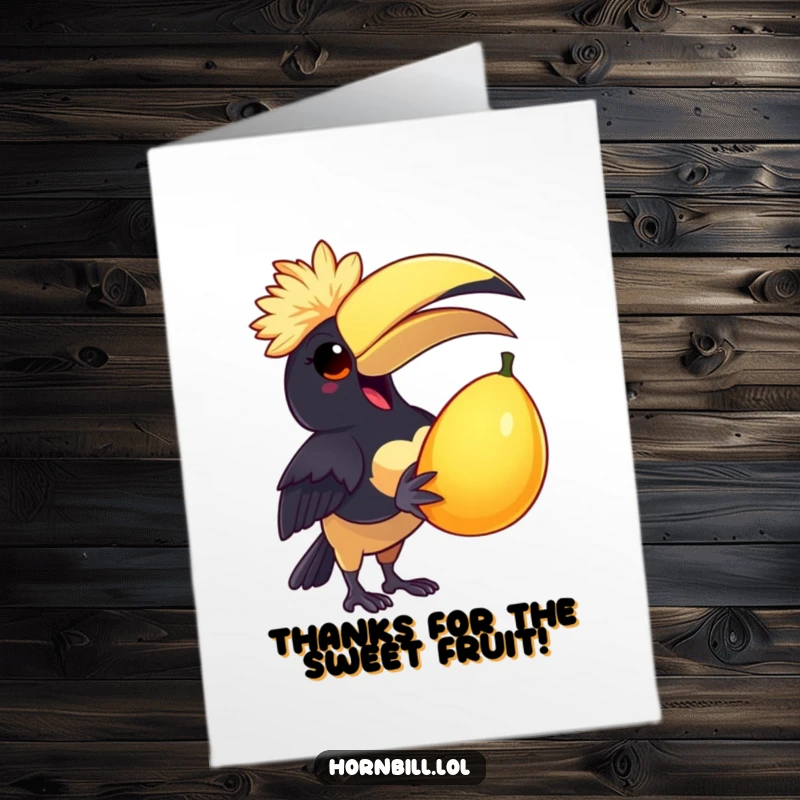 Funny Free Printable Thank You Card: A cheerful hornbill wearing a feathered cap holds a large, ripe fruit.