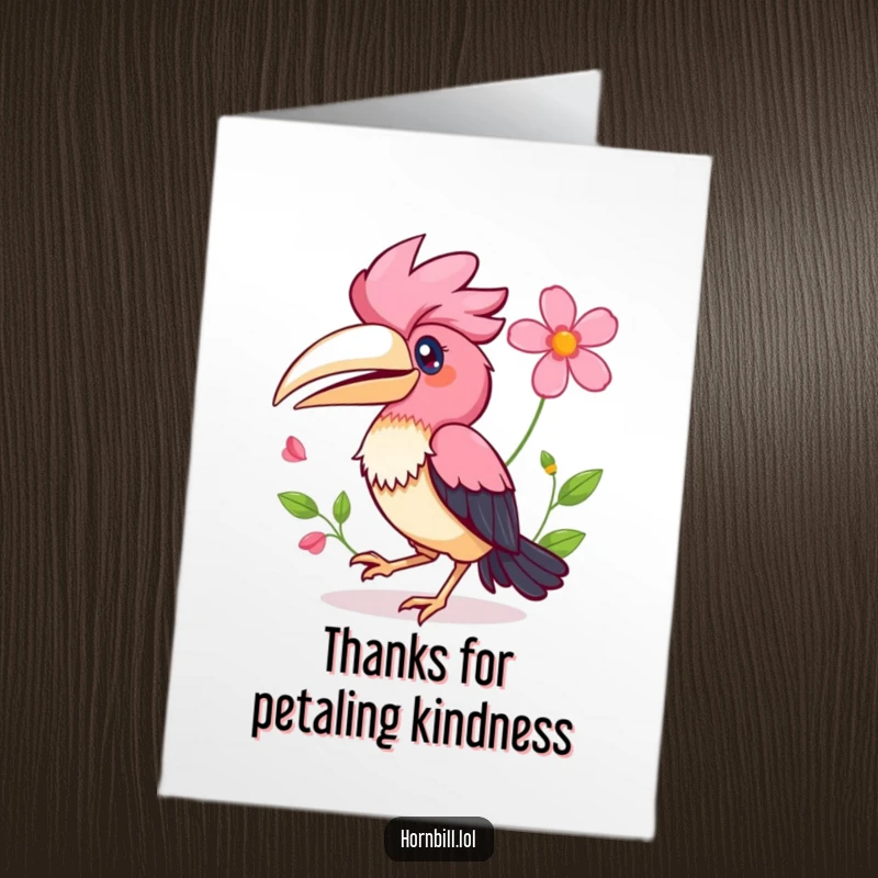 Funny Free Printable Thank You Card: A happy Kawaii hornbill hops joyfully, a flower in its wing expressing thanks with a cute gesture.