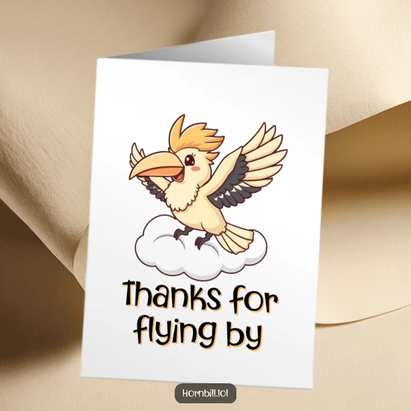 Funny Free Printable Thank You Card featuring a cute kawaii hornbill soaring through a cloud, expressing joy and thanks.