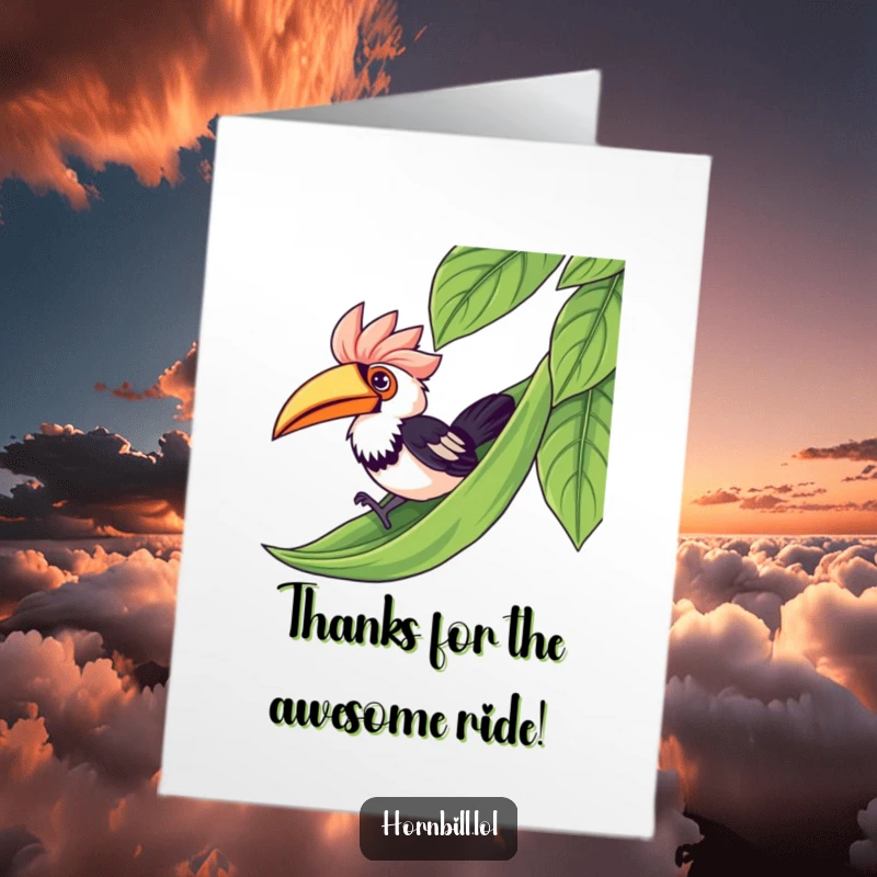Funny Free Printable Thank You Card: Cute hornbill sliding down a leaf, expressing gratitude with a happy, playful vibe.