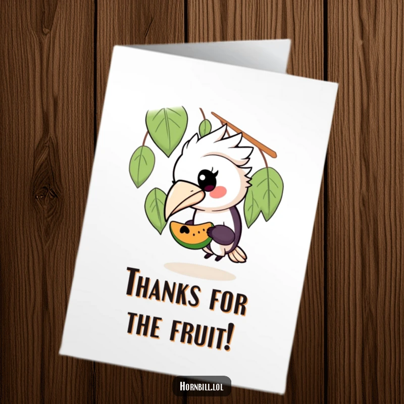 Funny Free Printable thank you card showcasing a kawaii hornbill sharing a juicy fruit slice with a little buddy.
