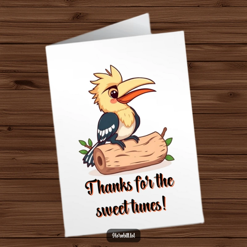 Funny Free Printable Thank You Card: A happy hornbill pecks rhythmically on a log like a drum.