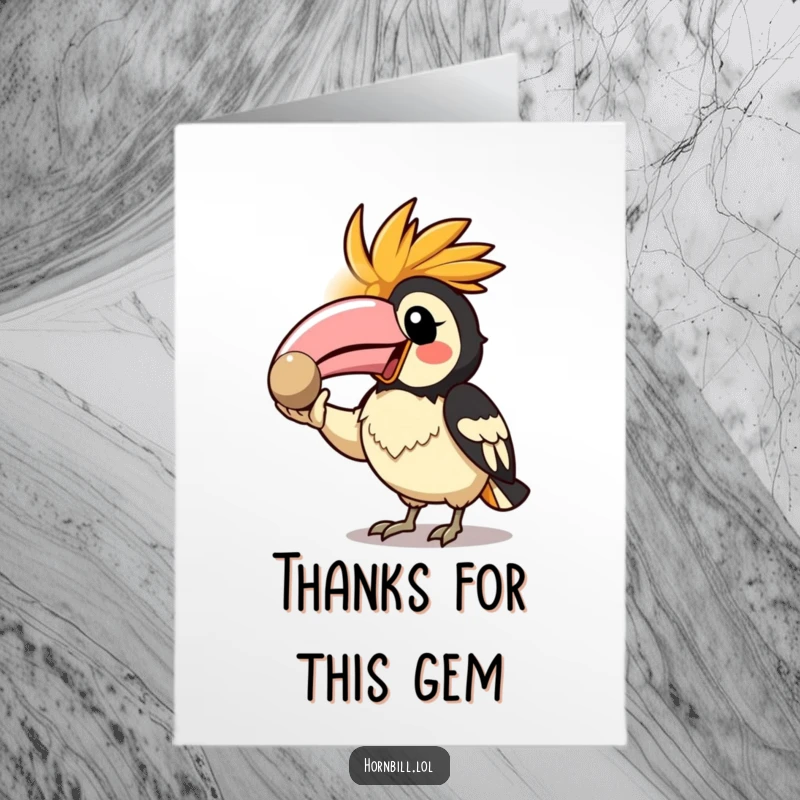 Funny Free Printable Thank You Card: Kawaii hornbill proudly displays a shiny pebble, offering it as a unique token of thanks.