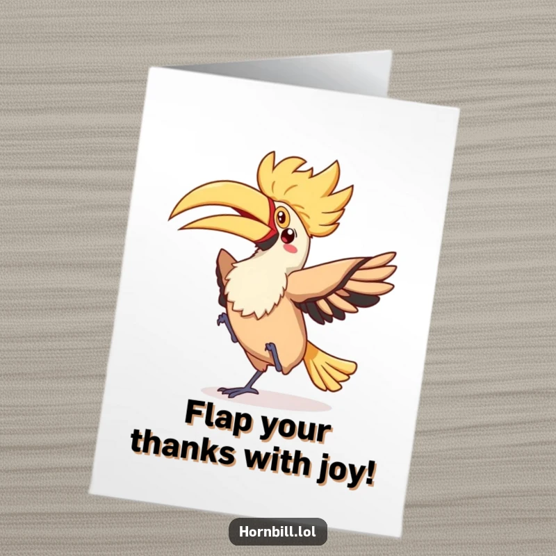 Funny Free Printable Thank You Card: A kawaii hornbill performs a silly, flappy dance with a fluttery tail, saying thank you.