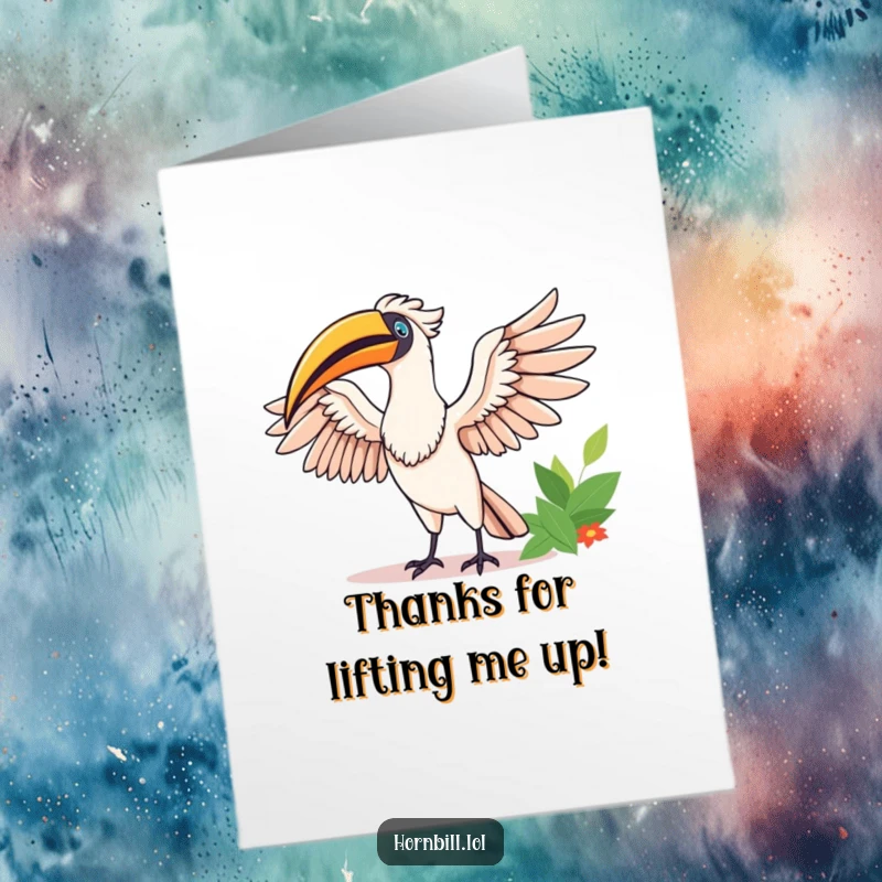 Free Printable Thank You Card: Happy hornbill stretching wings in morning sun, a bright and thankful gesture.