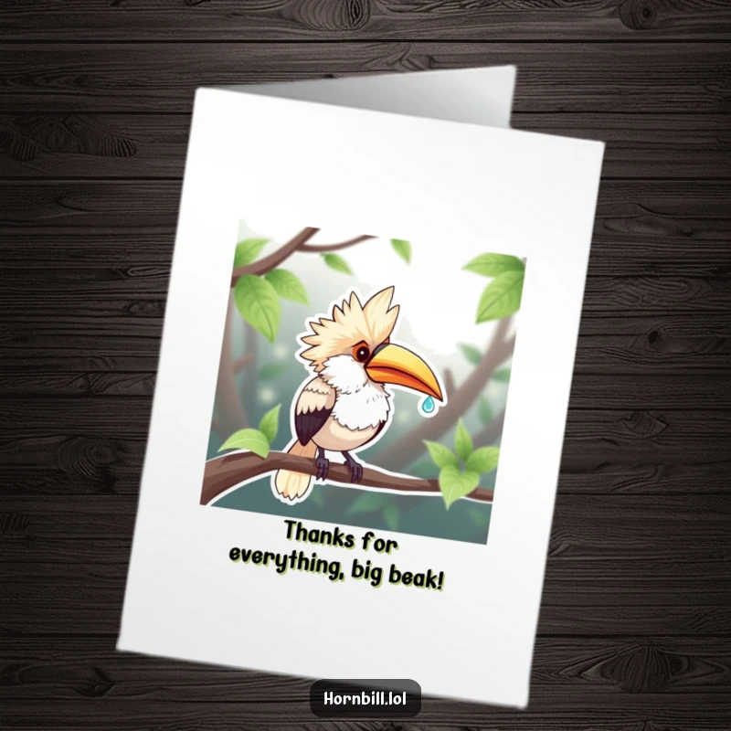 Funny Free Printable Thank You Card: Chubby hornbill savoring a dewdroplet, a delightful way to say thanks.
