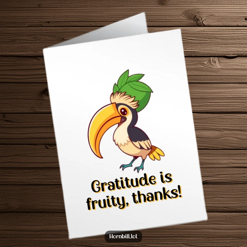 Funny Free Printable Hornbill Thank You Card, a hornbill focused on balancing a large fruit, showing immense gratitude.