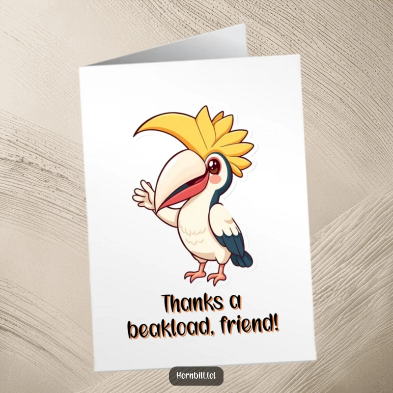 Funny Free Printable Thank You Card: A happy hornbill with a large casque waves a friendly greeting.