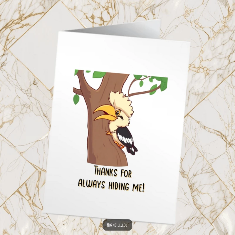 Funny Free Printable Hornbill Hide-and-Seek Thank You Card: A cheeky bird plays hide-and-seek, sending thanks.
