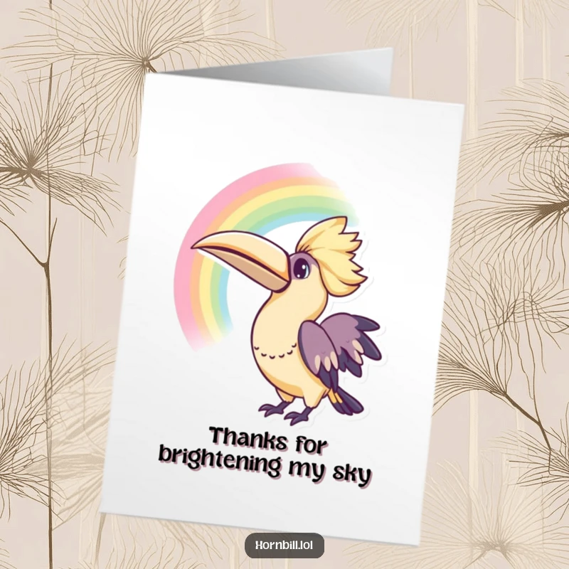 Free Printable Thank You Card: A curious kawaii hornbill looks up in awe at a beautiful rainbow, conveying wonder and thanks.