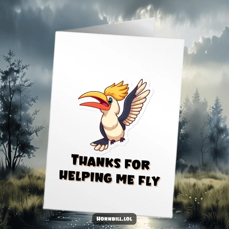 Funny Free Printable Thank You Card: An excited kawaii hornbill ready for flight, conveying thanks with uplifting spirit.