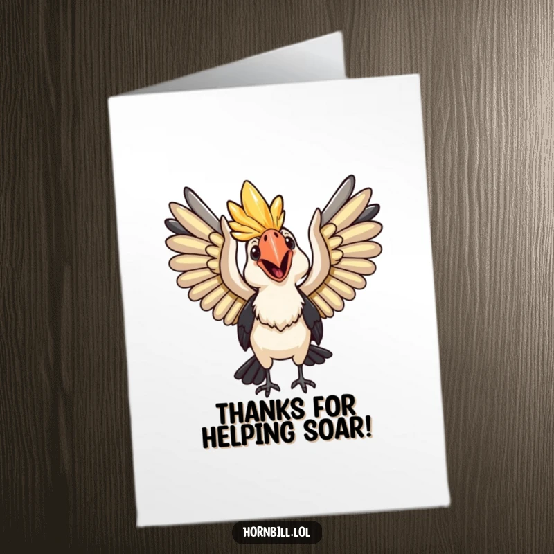 Funny Free Printable Thank You Card showing a happy hornbill with wings spread wide, ready to soar, conveying heartfelt thanks.