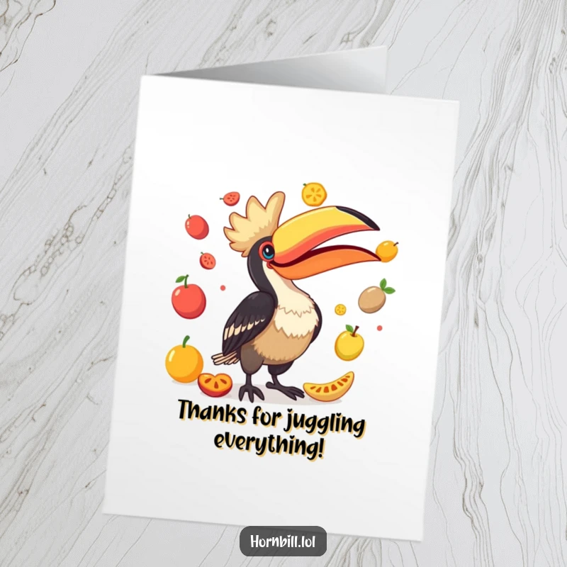 Funny Free Printable Thank You Card: A comical hornbill juggling an assortment of vibrant fruits, expressing joyful gratitude.