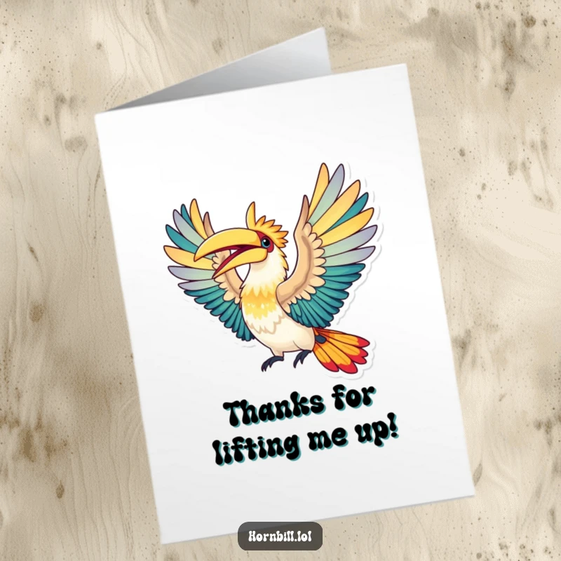Funny Free Printable Thank You Card: A hornbill spreads colorful wings wide, captured in mid-flight with elation.