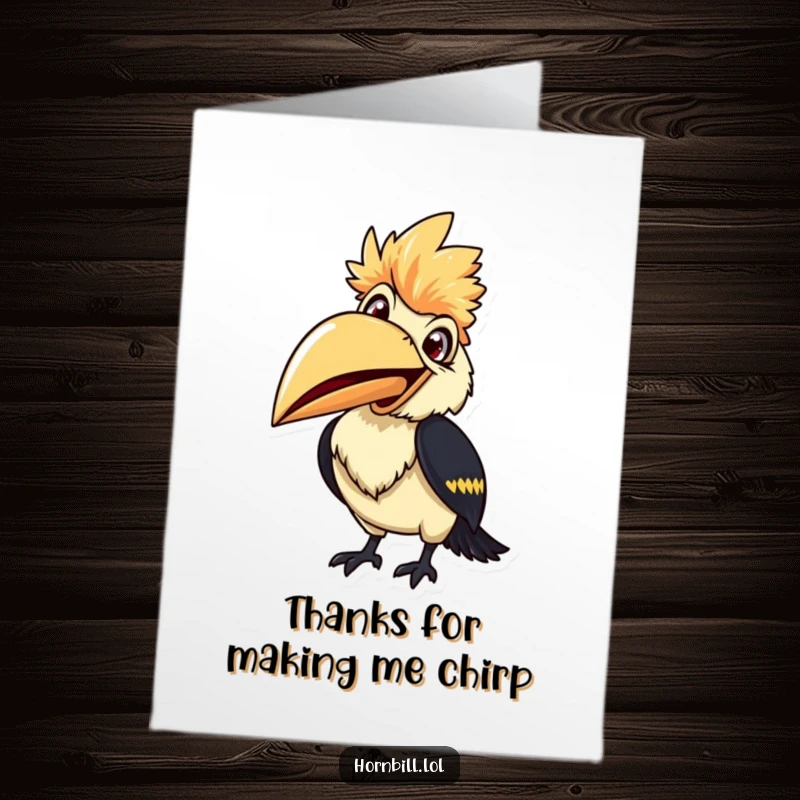 Funny Free Printable Thank You Card: A smiling hornbill with its beak wide open, ready to chirp thanks.