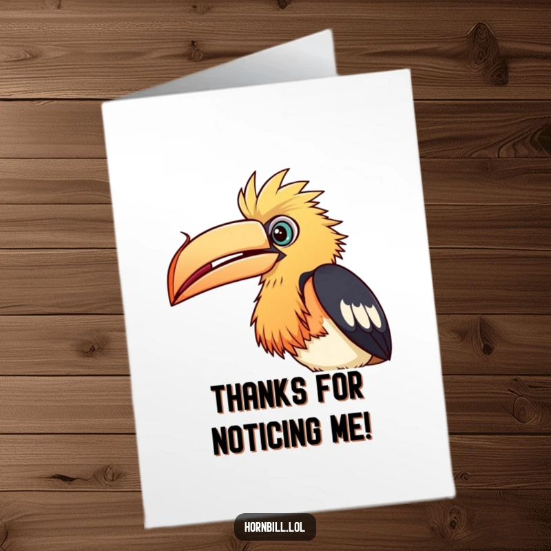 Funny Free Printable Thank You Card: A hornbill tilts its head, peering curiously at a floating seed.