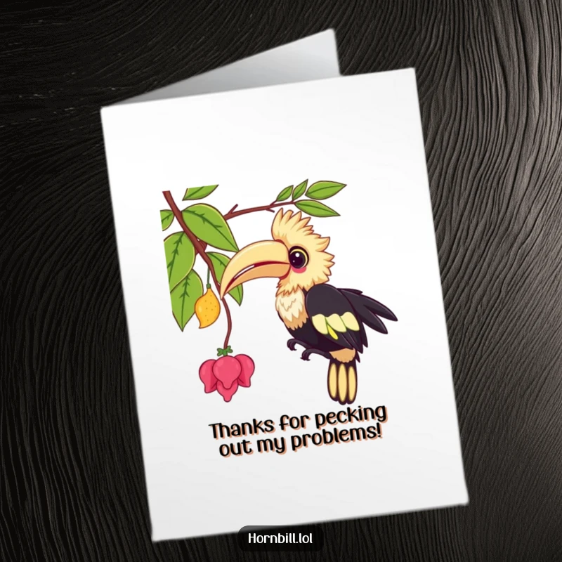 Funny Free Printable Thank You Card: A kawaii hornbill playfully pecks at a dangling vine, sending thanks with a cheerful vibe.