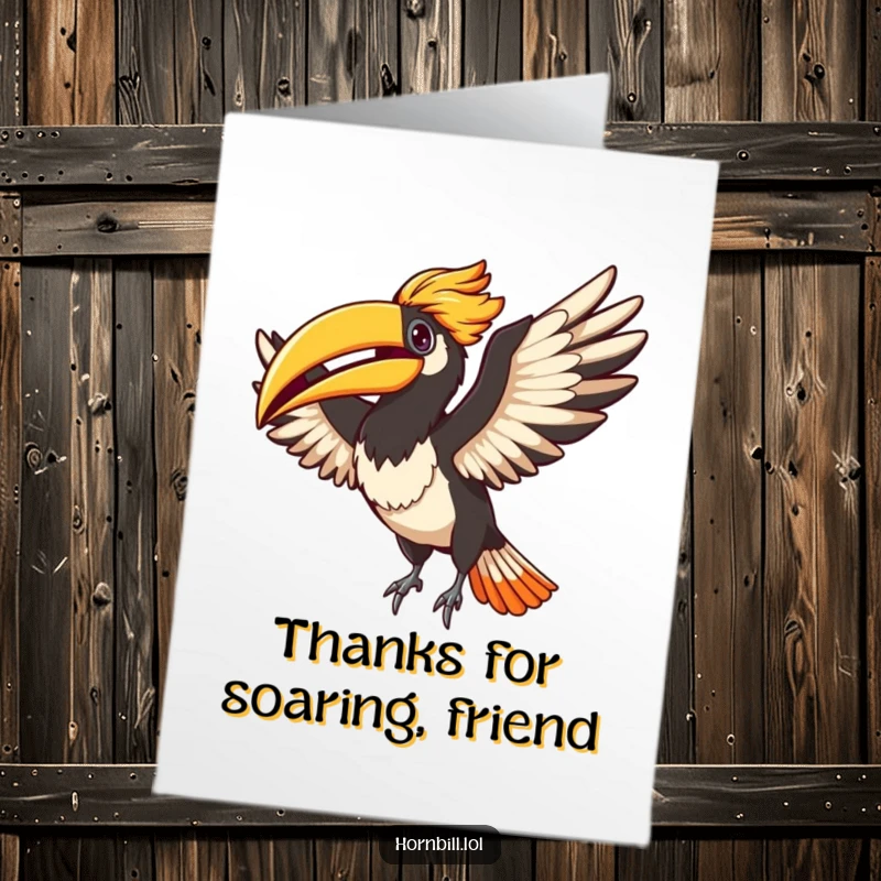 Funny Free Printable Thank You Card featuring a cheerful hornbill flapping its wings, conveying thanks with pure, unadulterated joy.