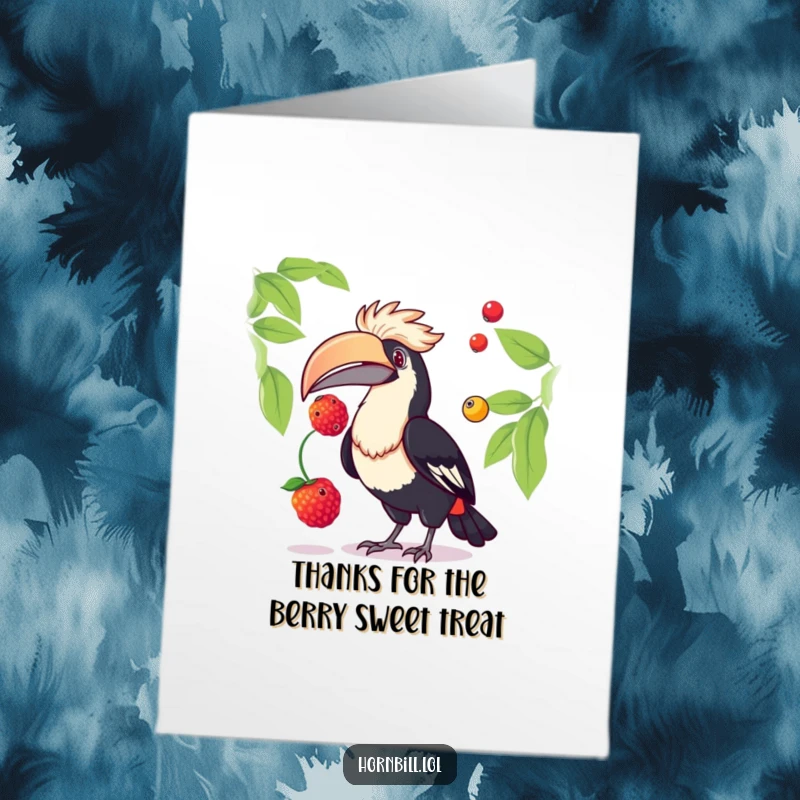 Funny Free Printable Thank You Card: A quirky hornbill masterfully juggles berries, showing appreciation with a touch of humor.