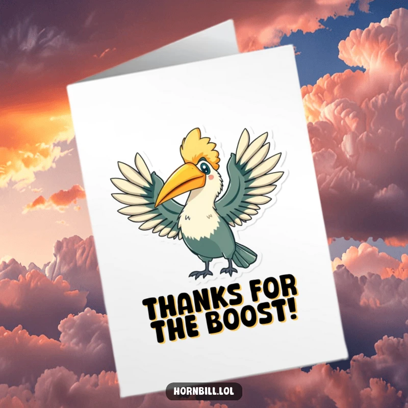 Triumphant Free Printable Hornbill Thank You Card: A bird unfurls its wings, conveying heartfelt thanks and admiration.