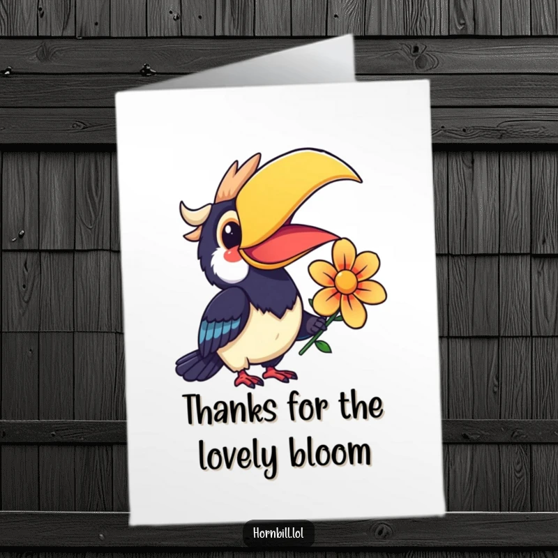 Funny Free Printable Thank You Card: A smiling Kawaii hornbill offers a bright, colorful flower as a sincere token of thanks.