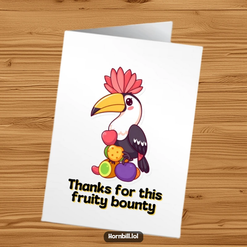 Funny free printable thank you card featuring a kawaii hornbill character balancing colorful fruits, expressing gratitude playfully.