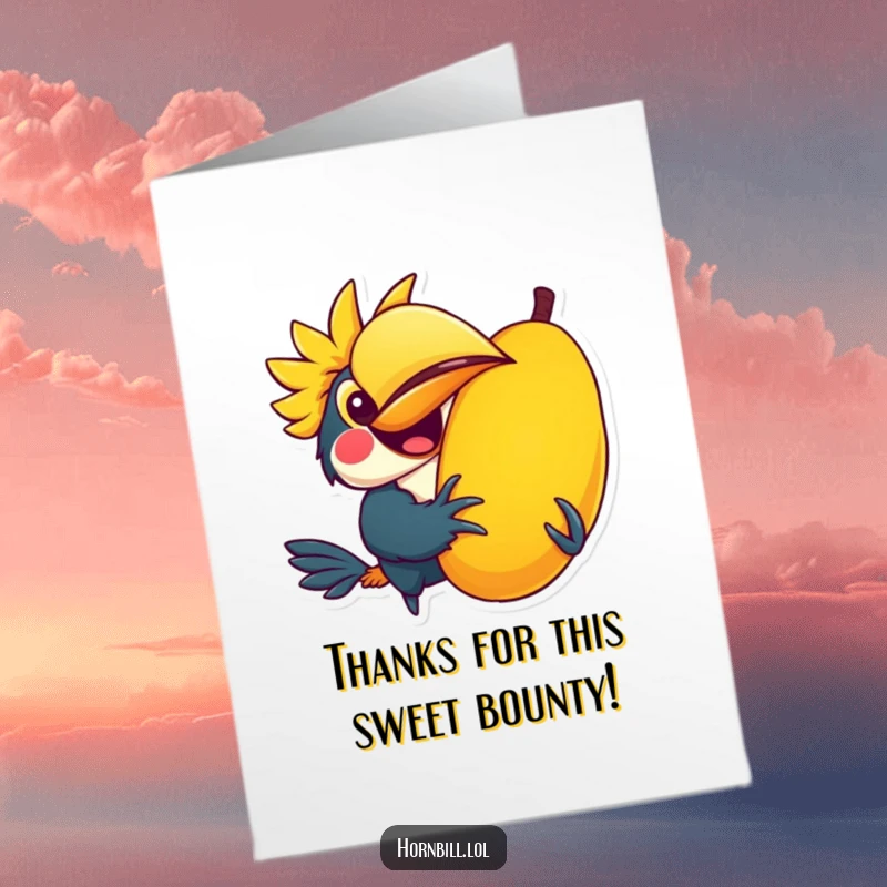 Funny free printable thank you card featuring a kawaii hornbill joyfully holding a giant, colorful fruit, a unique way to say thanks.