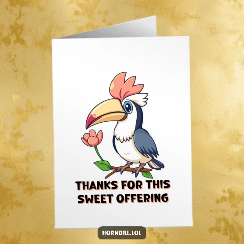Free Printable Thank You Card: A gentle kawaii hornbill offers a pretty flower with its amazing beak, a perfect token of thanks.