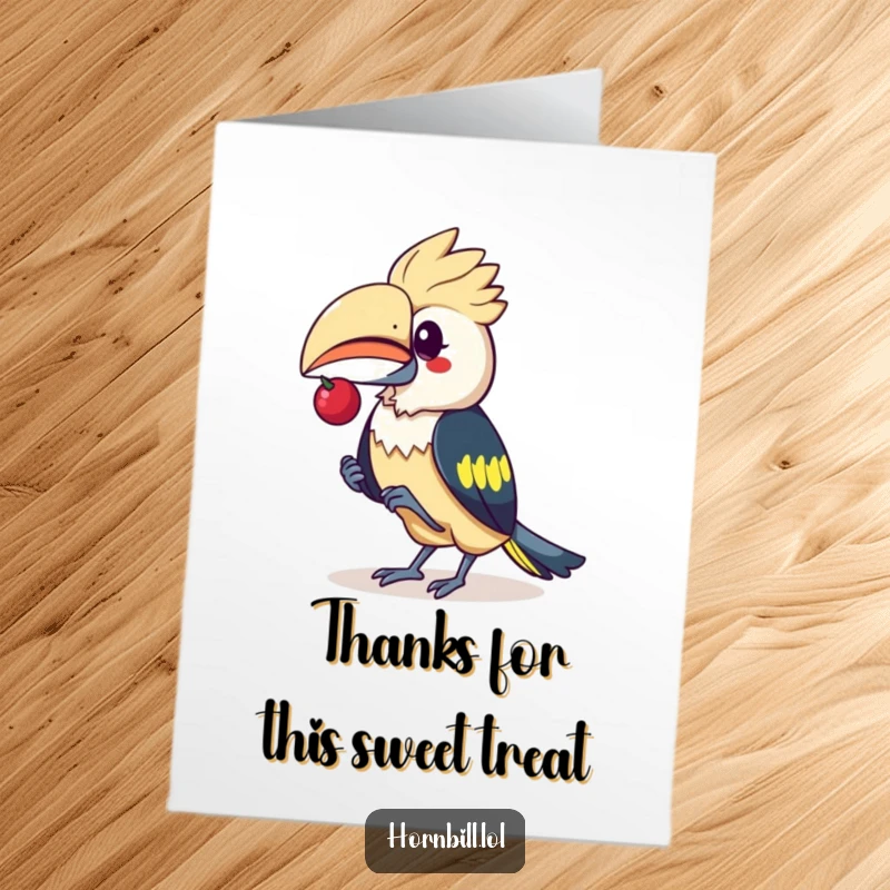 Funny Free Printable Thank You Card with a kawaii hornbill perfectly balancing a tiny berry on its beak, a sweet token of thanks.