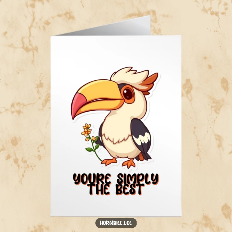 Funny Free Printable Thank You Card: Hornbill with a cheerful grin offering a small flower to say thank you.