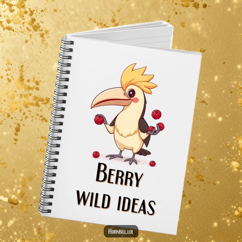 Funny Hornbill Juggler Notebook, featuring a comical bird struggling to juggle small berries, perfect for note-taking.