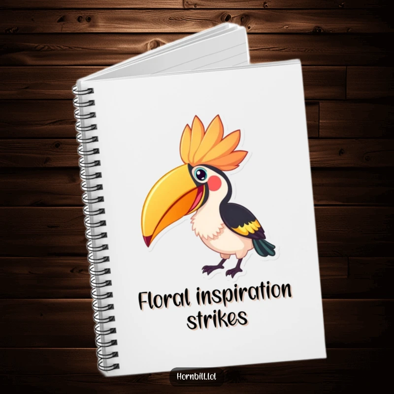 Funny Hornbill Flower Peck Notebook, featuring an excited hornbill pecking at a large flower, perfect for note-taking.