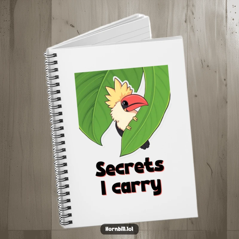 Funny chubby hornbill peeking from behind a large leaf, making this notebook a source of fun and inspiration.