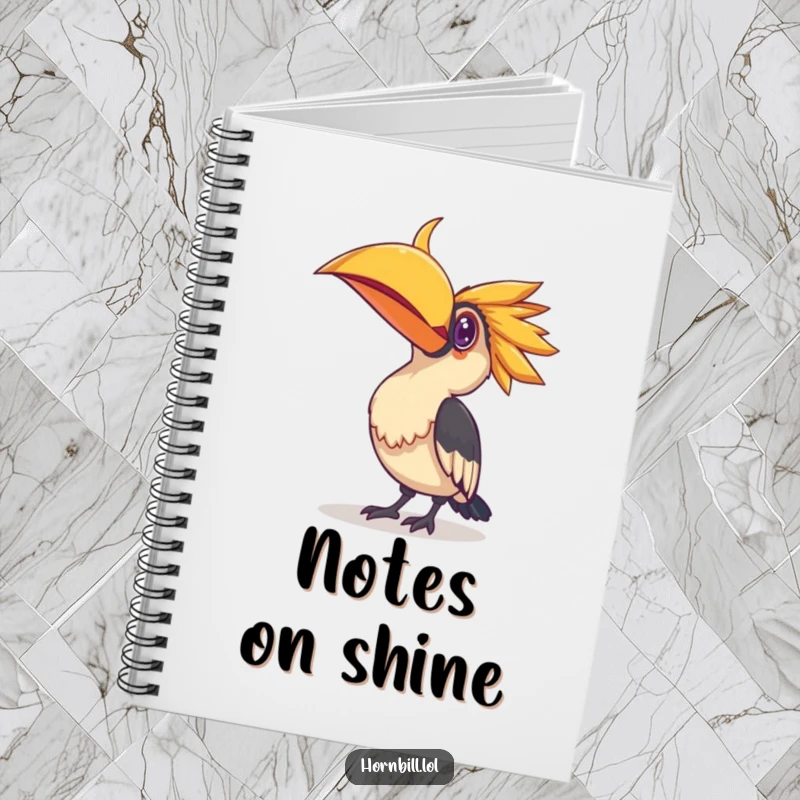 Funny notebook featuring a hornbill bird tilting its head curiously at a shiny object, perfect for notes, sketches, and bright ideas.