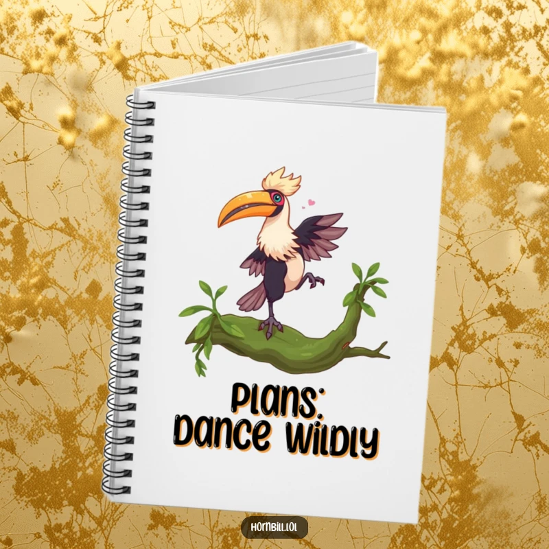 Funny Hornbill Dance Notebook: A hornbill dances on a mossy branch, inspiring funny ideas and creative expression.