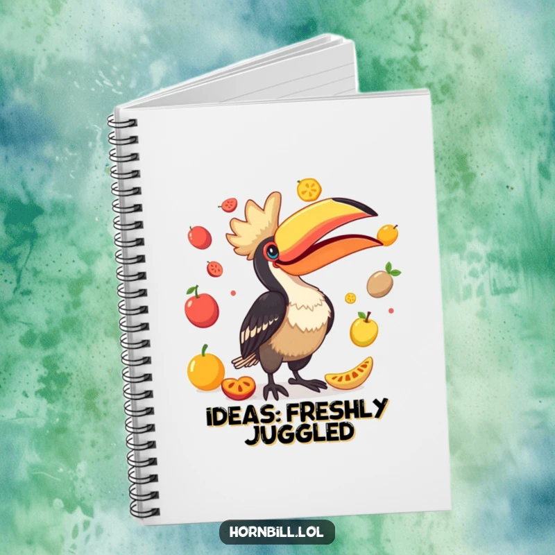 Funny Hornbill Notebook: A whimsical hornbill juggling an assortment of colorful fruits with its large beak, ready for your notes.